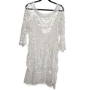 Swimsuit Cover-Up Floral Crochet Ivory Open Back Boho Hippie 100% Cotton Size M